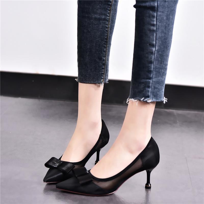 Giày Cao Gót 7CM Mũi Nhọn Phối Lưới Thoáng Khí Đính Nơ Thời Trang Xuân Hè 2021 Cho Nữ