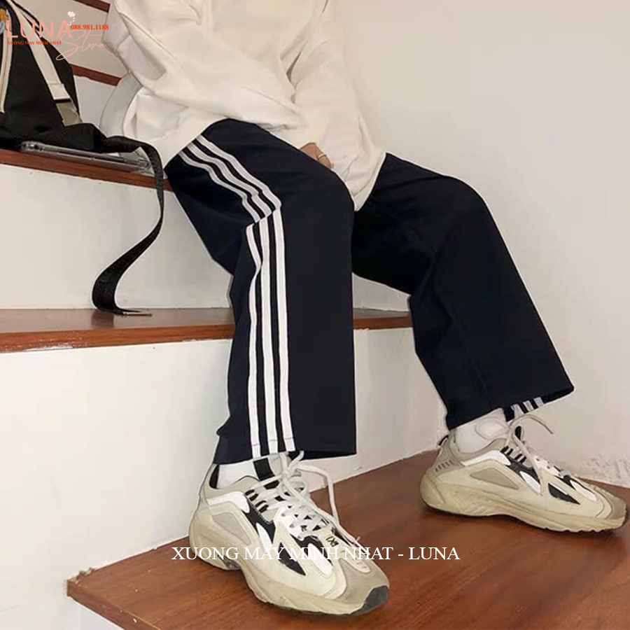 Quần thể thao 3 sọc nữ ống rộng viền kẻ sọc trắng có dây rút kéo - Quần thể thao ống suông dài nữ vải mềm đi học thể dục