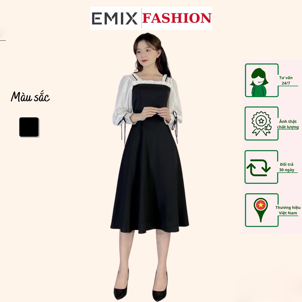 Đầm công sở nữ cổ vuông tay trắng nơ EMIX (màu đen), dáng dài, tay bồng, voan xốp có lót dày dặn, mềm mịn, không lộ V87