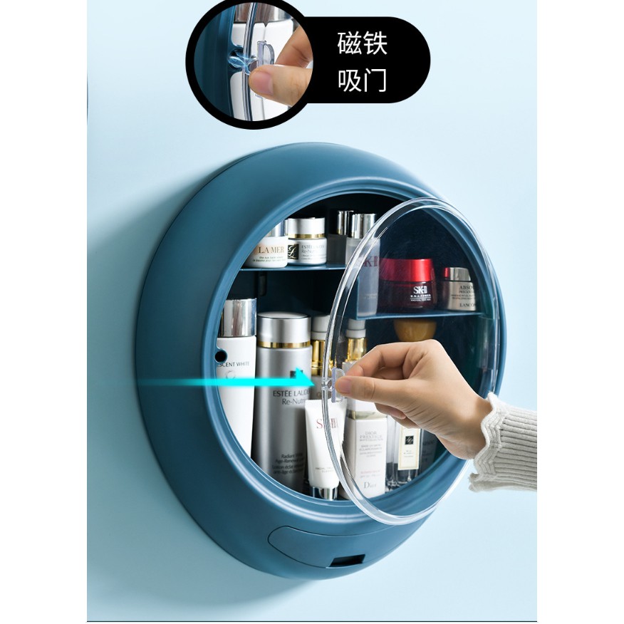 Hộp mỹ phẩm treo tường phong cách hiện đại có nắp mở tránh bụi và ngăn kéo đựng vật dụng, chất liệu nhựa, kèm đồ dán