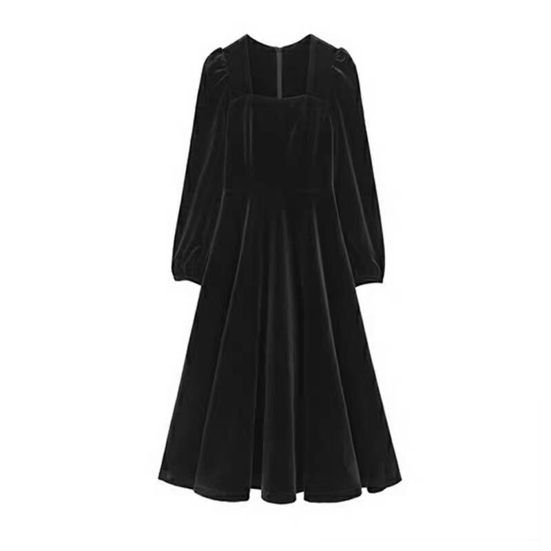 Váy dài nữ cổ vuông nhung Forgỉl váy xoè tiểu thư cao cấp tay phồng dáng dài qua gối | BigBuy360 - bigbuy360.vn