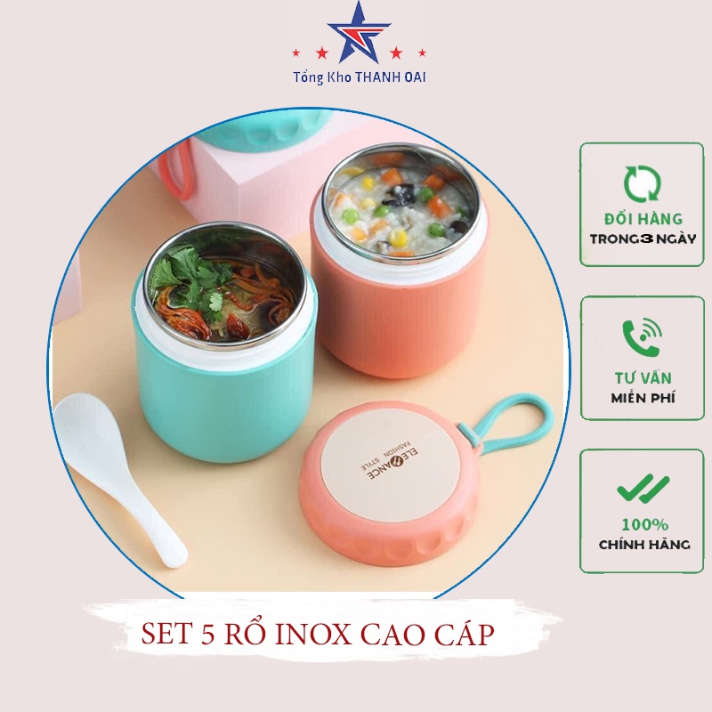 Bình ủ cháo giữ nhiệt inox - ca giữ nhiêt đựng canh elefance mini cute 430ml có quai xách tặng kèm thìa