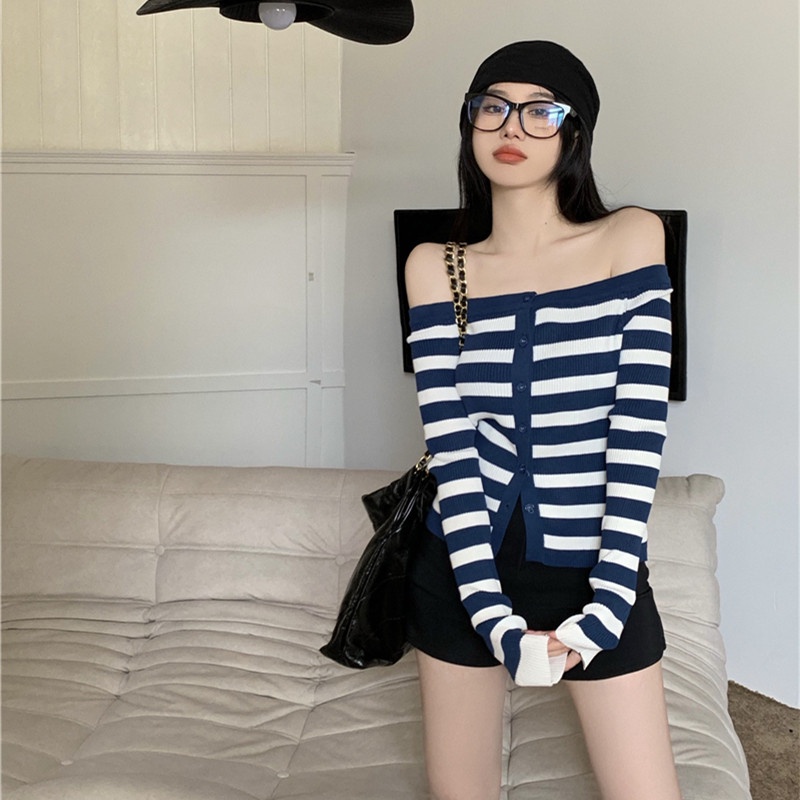 Áo Cardigan Dệt Kim Tay Dài Dáng Ôm Hở Vai Thời Trang Mùa Thu