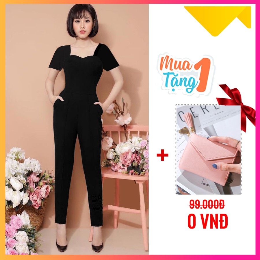 jumpsuit nữ dài cổ vuông dự tiệc sang chảnh áo tay con phối áo liền quần ống ôm có mút ngực J965