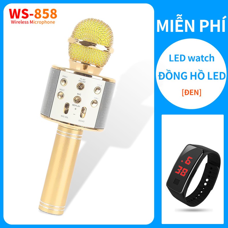 Micro karaoke COD micro karaoke WS858 Máy nghe nhạc di động USB không dây có loa [đồng hồ LED miễn p