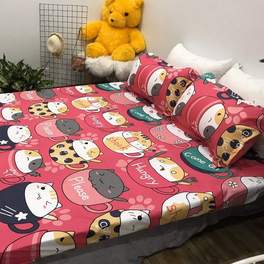 Bộ Ga gối Cotton Poly 3 Món Mẫu Mèo Cốc