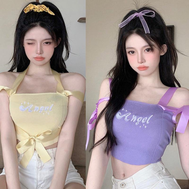 Áo Croptop Dệt Kim Trễ Vai Tay Ngắn In Chữ Phong Cách Hàn Quốc Quyến Rũ Cho Nữ | BigBuy360 - bigbuy360.vn
