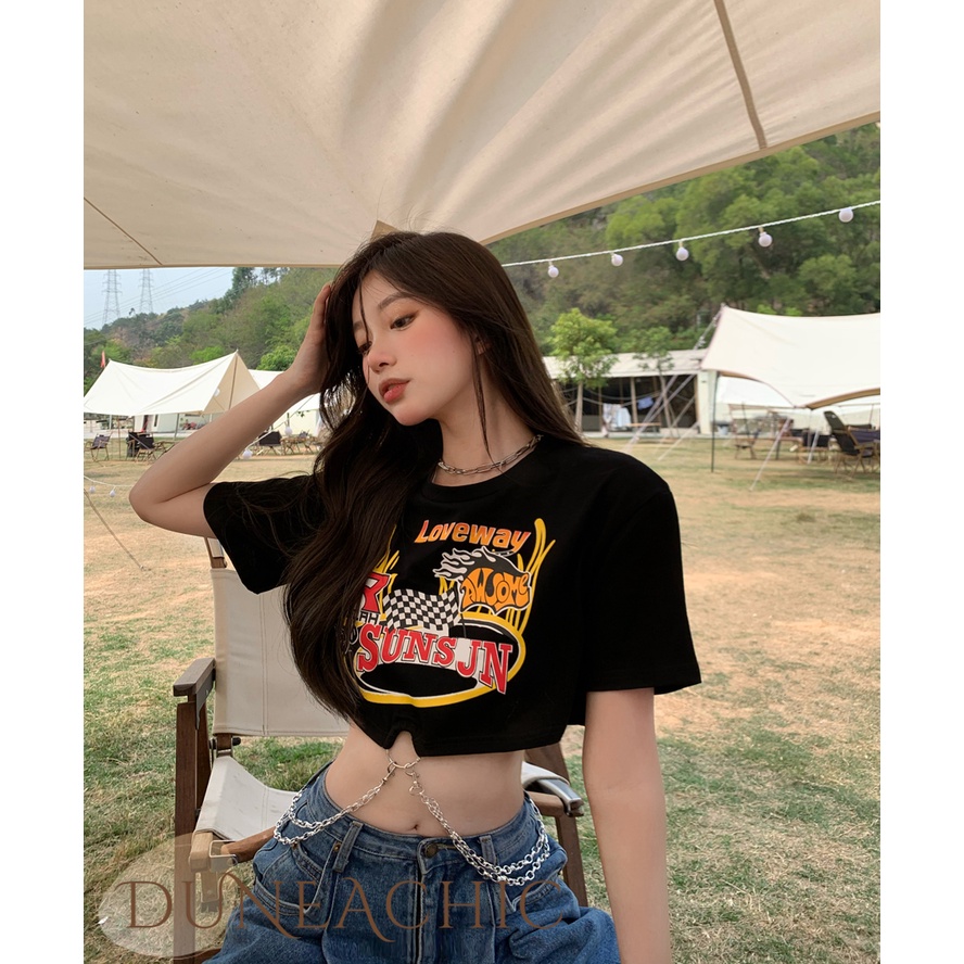 DUNEA Áo Thun Tay Ngắn Màu Đen Phối Dây Xích Phong Cách Retro Cho Nữ