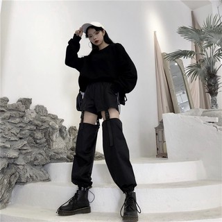 Quần dài đen nữ cá tính tháo rời được gắn khóa quần street style cô gái khâu chân quần ống rộng ulzzang