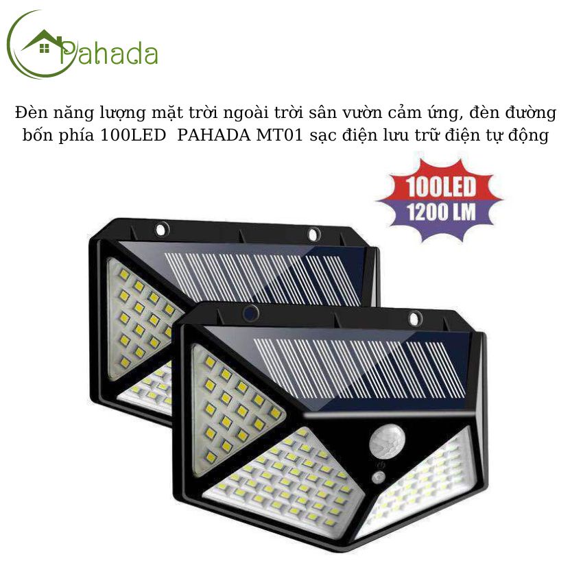Đèn năng lượng mặt trời ngoài trời sân vườn cảm ứng, đèn đường bốn phía 100LED PAHADA MT01 sạc điện lưu trữ điện tự độn