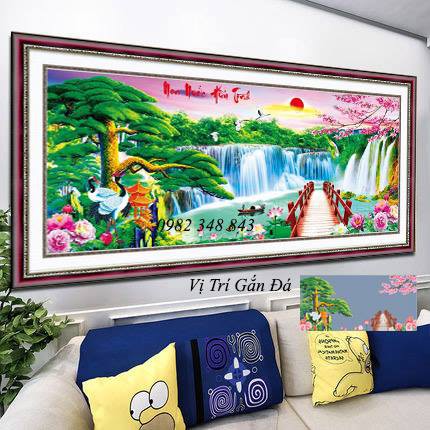 Tranh đính đá phong cảnh non nước hữu tình KT:182x78cm. Tranh gắn đá tự làm.