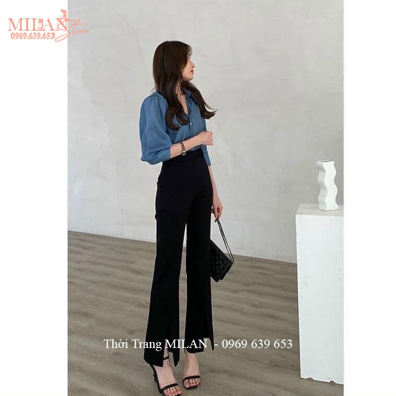 Quần tây ống loe xẻ tà trước vẩy cá tính điệu vải mềm mặc đi học làm - Quần ống loe xẻ tà hack dáng màu đen công sở