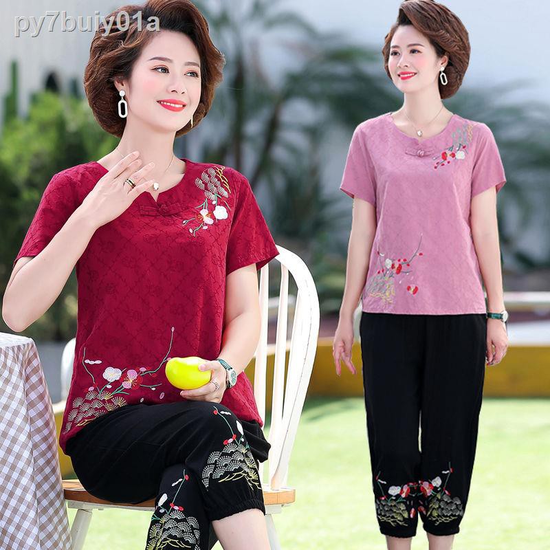 Momwear suit mùa hè 2021 phụ nữ trung niên và cao tuổi hai mảnh ngắn tay 40-50-60 quần áo kiểu phương tây năm xưa