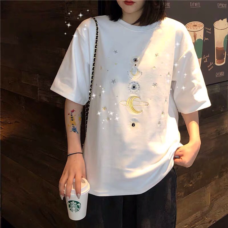 [FREESHIP] - ÁO THUN NGẮN TAY UNISEX THÊU VŨ TRỤ 3 MÀU TRẮNG - ĐEN - XANH NEON