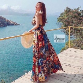 Đầm maxi thổ cẩm ❤️FREESHIP❤️ Váy maxi thổ cẩm đi biển phong cách Quảng Châu