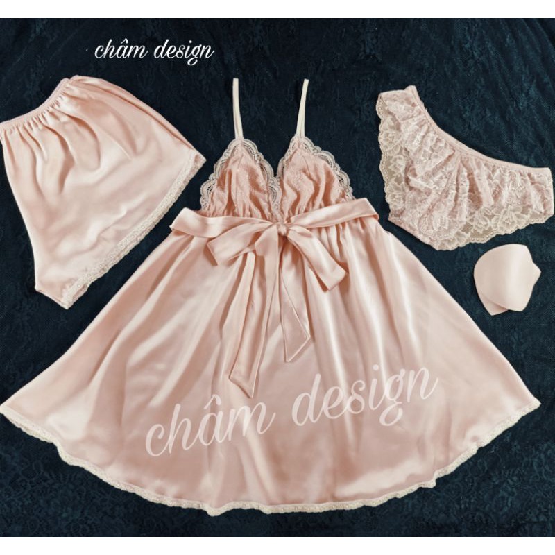 váy ngủ màu da buộc nơ xinh phiên bản màu da siêu đẹp, hàng thiết kế độc quyền tại shop