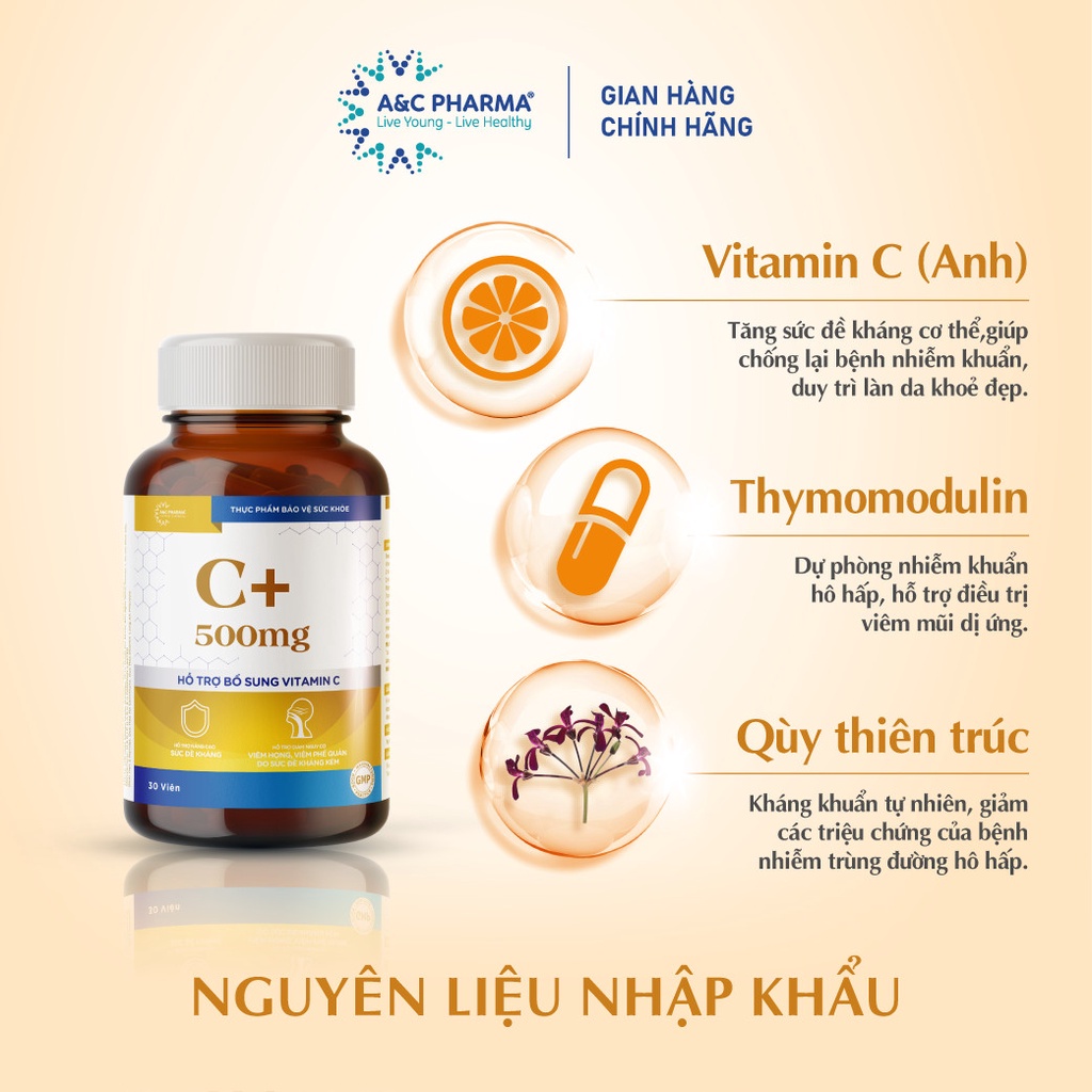 Viên Uống Hỗ trợ Tăng cường đề kháng Vitamin C+500mg 3in1 - A&amp;C Pharma