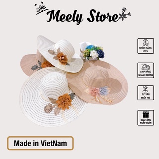 Mũ cói vành rộng gắn hoa - nón cói đi biển meely03