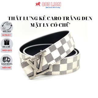 Thắt Lưng Nam LV Kẻ Caro Đen Trắng Mặt LV Bạc Có Chữ Hàng Cao Cấp Dây Da Mềm Tổng Hợp