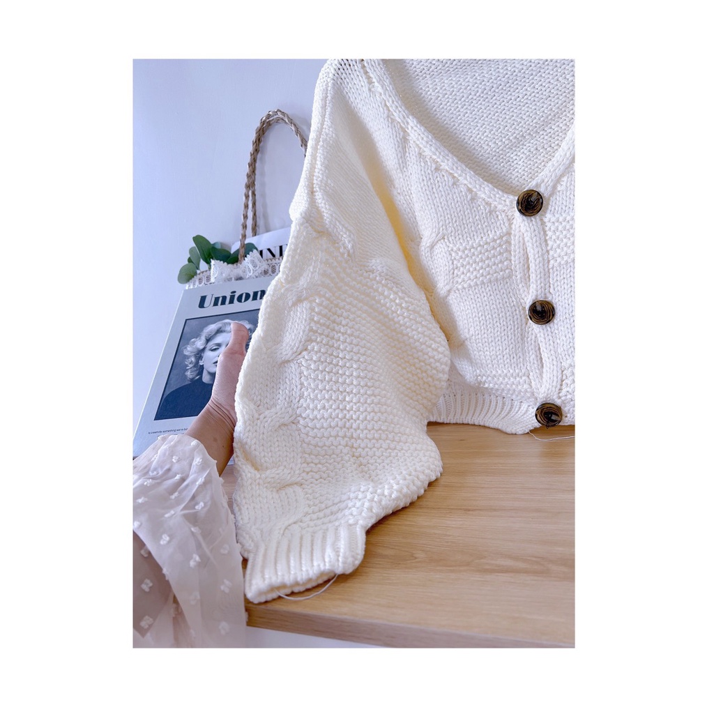 Áo Len croptop trắng tay bồng , Áo Cardigan dáng ngắn