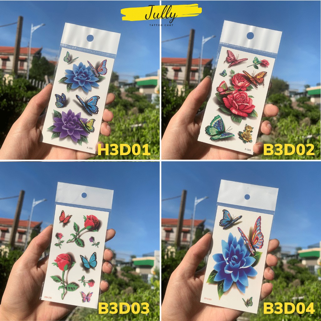 Hình xăm dán mini hoa hồng 3D, bướm, xăm tạm thời chống nước an toàn bền đẹp JULLY Tattoo chất