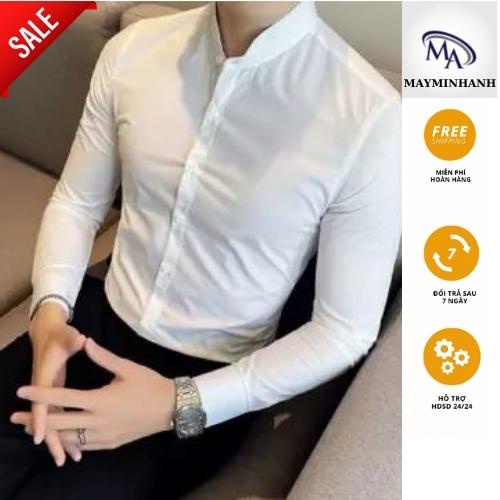 Áo sơ mi nam cổ tàu dài Tay kiểu dáng Hàn Quốc, Vải cotton co giãn nam tính