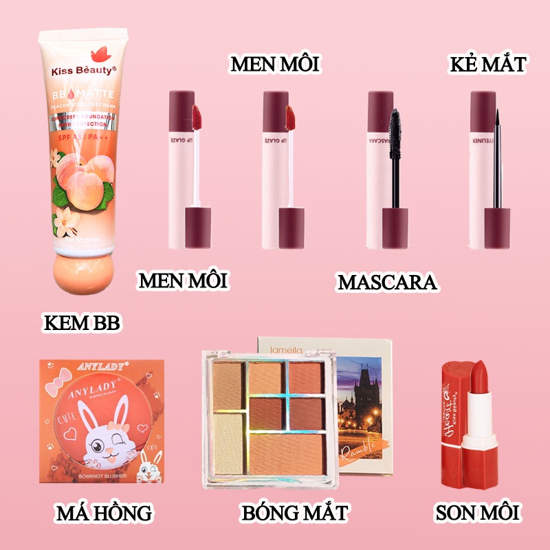 1 bộ 8 miếng trọn bộ mỹ phẩm trang điểm Peach chuẩn KISS BEAUTY （PS-8JT-B01）