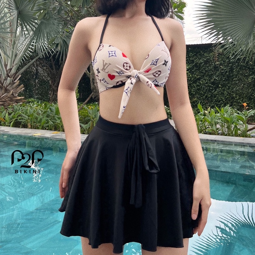 P2P BIKINI - Váy lưng cao basic đen phối nơ - VLCM