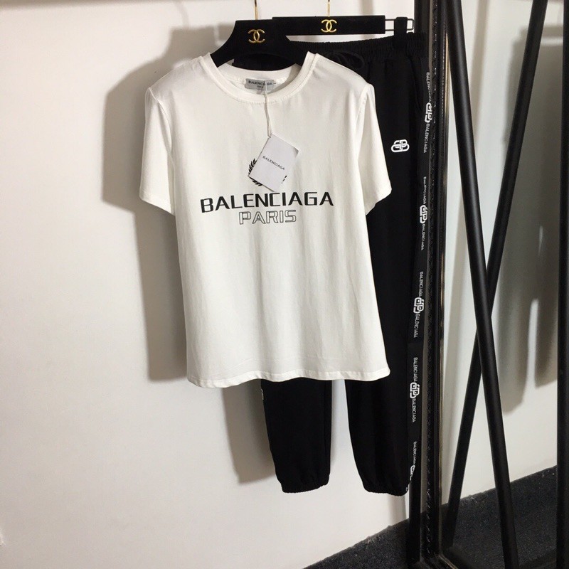 bộ thể thao in logo chữ áo phông cotton + quần cạp chun dài balenciaga