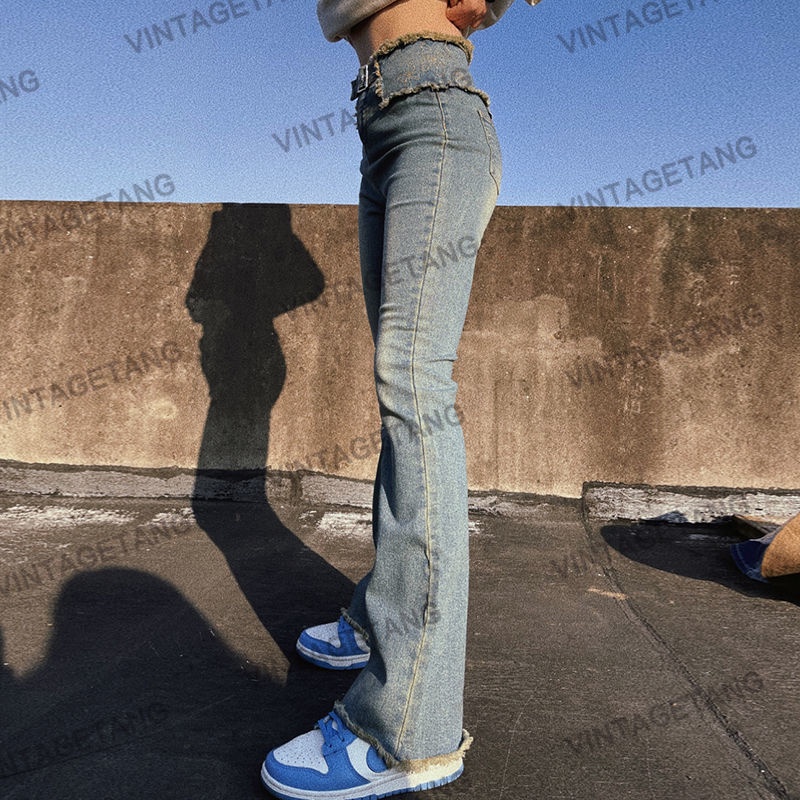 Jiashucheng Quần Jean Lưng Cao Dáng Ôm Nhẹ Nhàng Kiểu Retro Mỹ Cho Nữ
