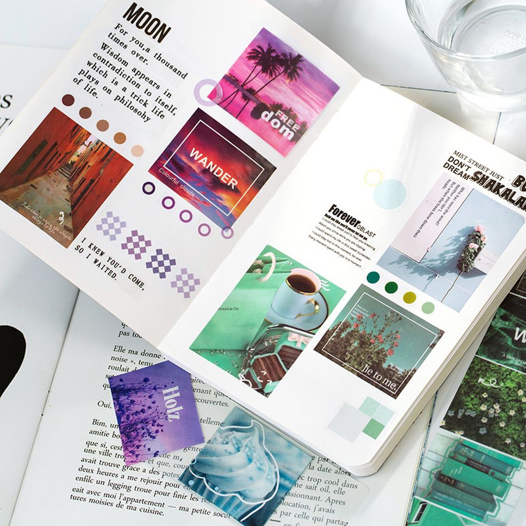 Sticker aesthetics, nhãn dán vintage cổ điển phong cảnh hoa lá, hình ảnh bầu trời màu sắc trang trí DIY, nhật ký, sổ tay