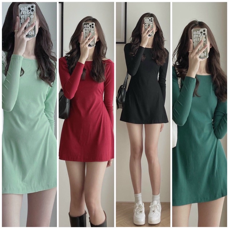 Đầm body thun gân tay dài hở lưng đen đỏ xanh