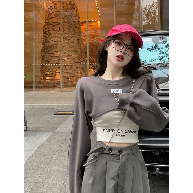 Bộ Áo Sweater Hai Dây Dáng Ngắn Màu Xám Ngọt Ngào Thời Trang Xuân Thu Cho Nữ