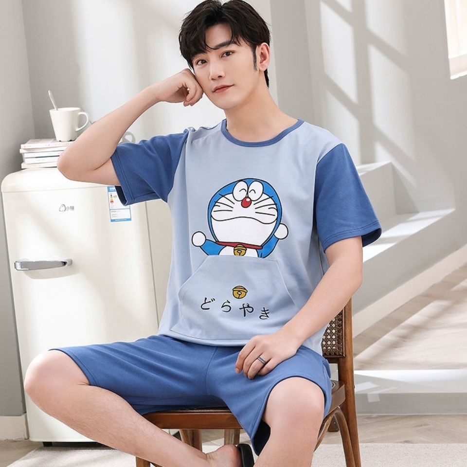 Bộ Đồ Ngủ Tay Ngắn Chất Liệu Cotton Mỏng Họa Tiết Hoạt Hình Thời Trang Mùa Hè Cho Nam