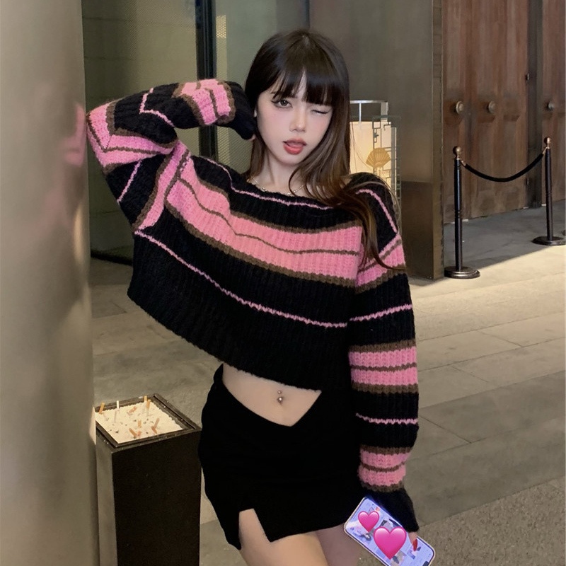 NZN Áo Croptop Dệt Kim Kẻ Sọc Kiểu Hàn Quốc Thời Trang Mùa Thu Cho Nữ