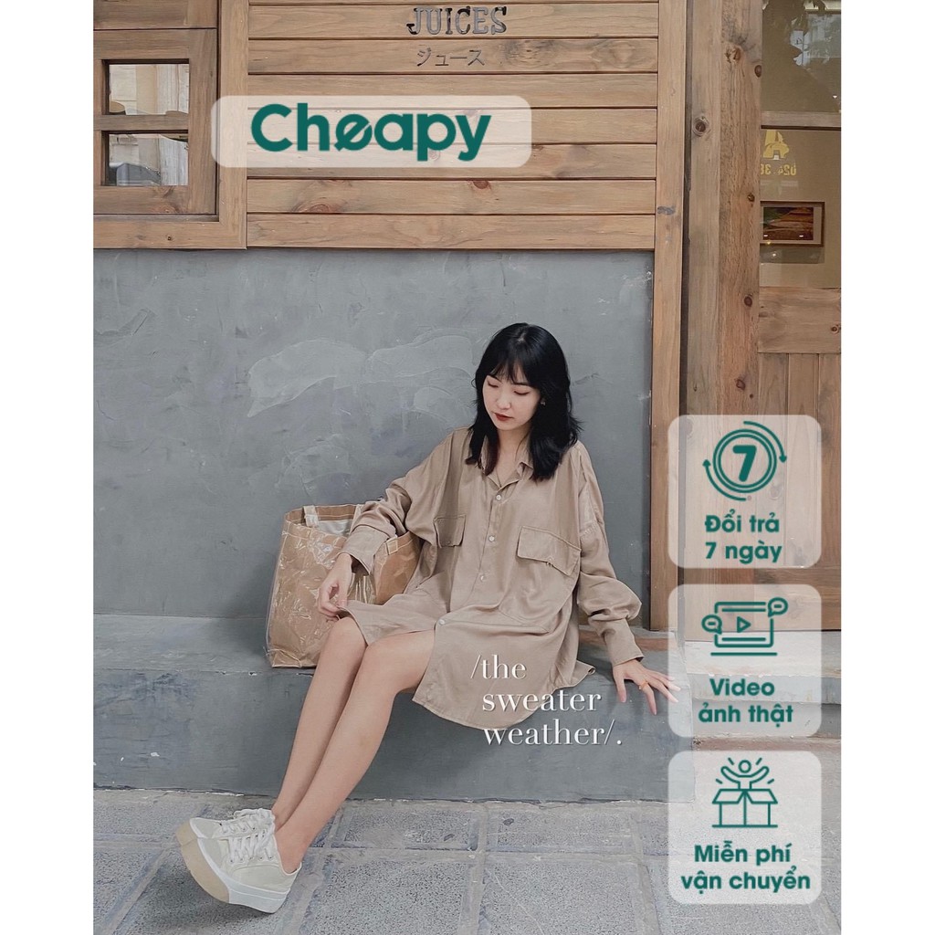 Áo sơ mi nữ form rộng dài tay Cheapy thô đũi 2 túi trắng nâu freesize dáng học sinh vintage Hàn Quốc C418