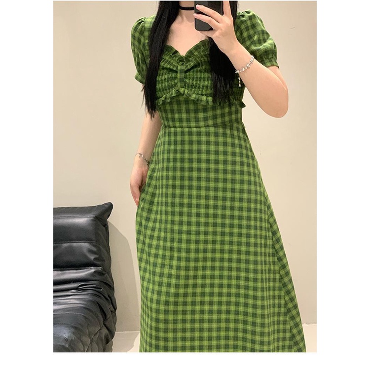 Đầm Họa Tiết Sọc Caro Màu Xanh Lá Cây Phong Cách Pháp Thời Trang Mùa Hè Mới