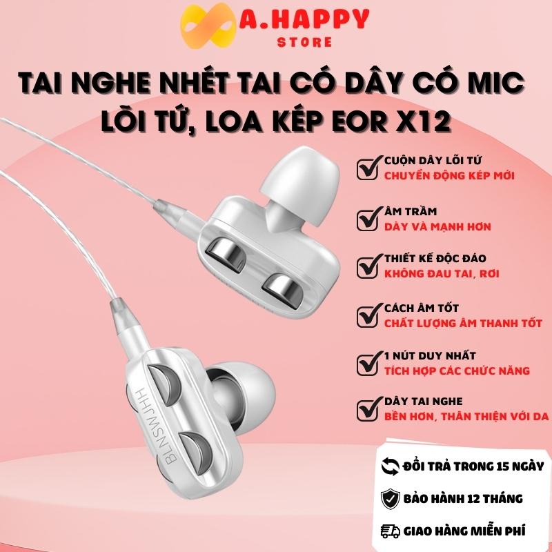 Tai nghe nhét tai có dây có mic lõi tứ cuộn dây chuyển động kép EOR X12 | Loa siêu trầm, tai nghe loa siêu trầm đa năng