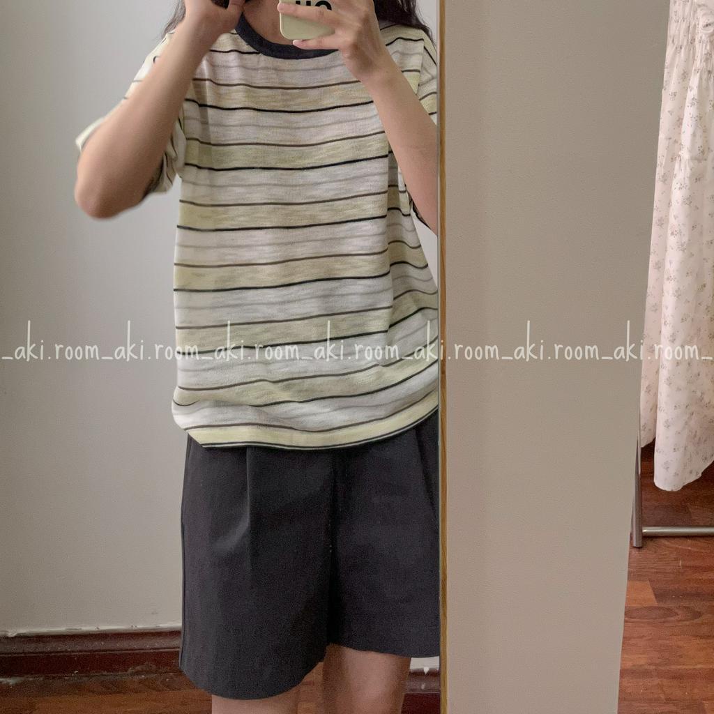 Áo len mongtoghi kẻ ngang form suông rộng cổ viền lệch màu 30066