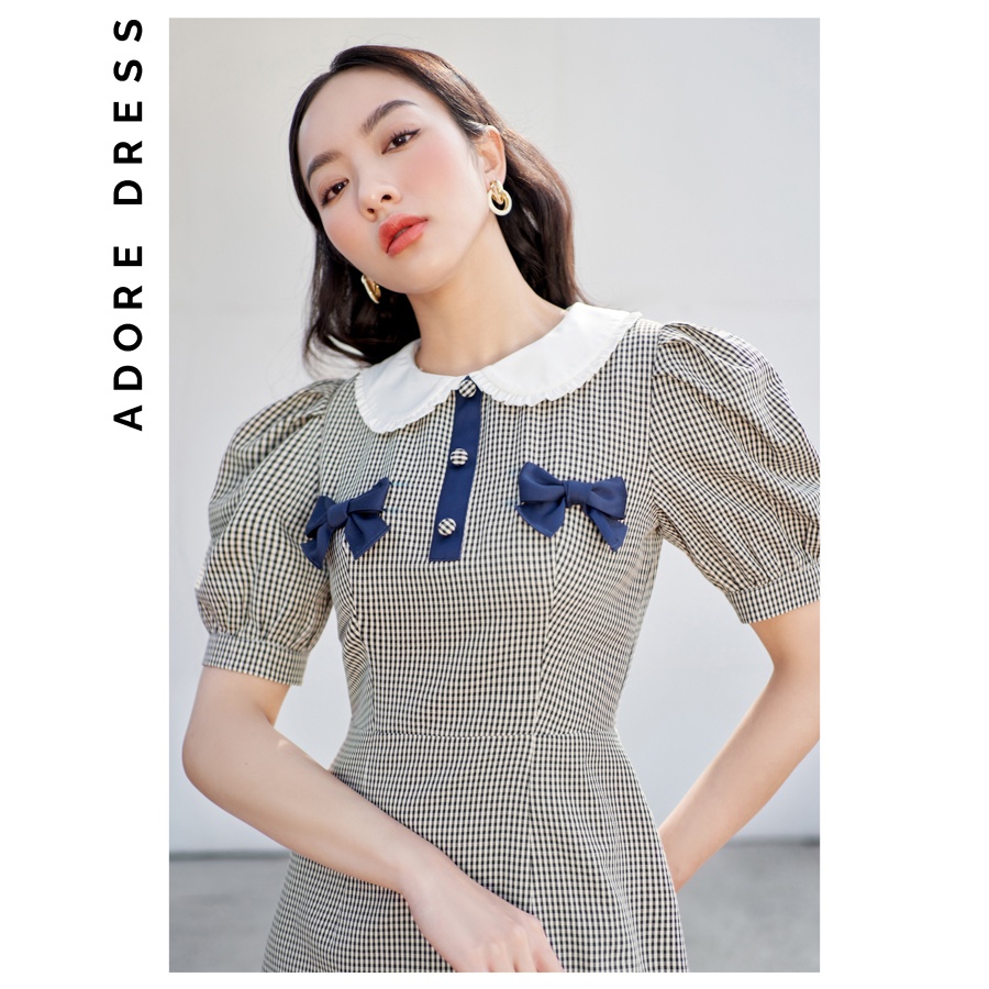 Đầm mini karo nhí cổ sen phối nơ ngực 1VA1199 ADORE DRESS