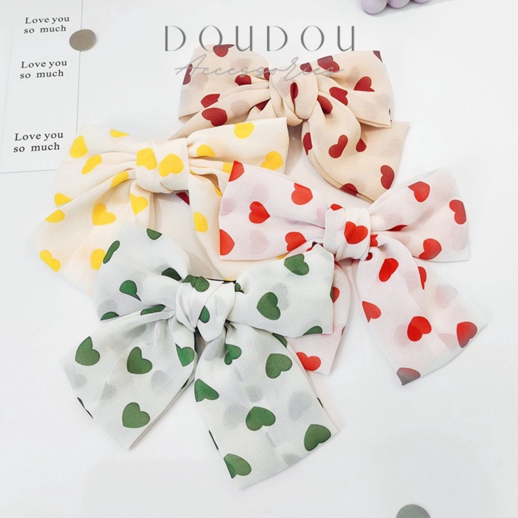 (XẢ KHO THANH LÝ) Kẹp tóc Hàn Quốc Doudou Cặp tóc nơ to tiểu thư vải voan mềm hình trái tim xinh xắn đáng yêu FJ007