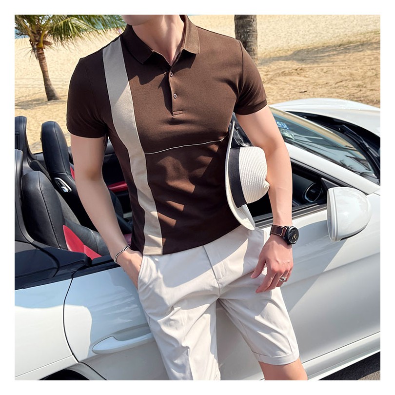 Áo Polo phông nam cổ bẻ ngắn tay phối kẻ dọc thân áo C Men AN16 cotton cao cấp