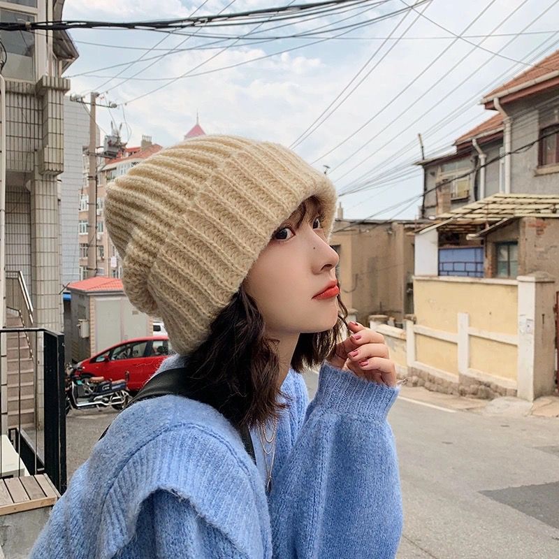 Mũ cực lớn ~ Mũ len của phụ nữ Nhật Bản mùa thu và mùa đông hoang dã phiên bản Hàn Quốc của mũ dệt kim bảo vệ tai ấm áp đống mũ triều