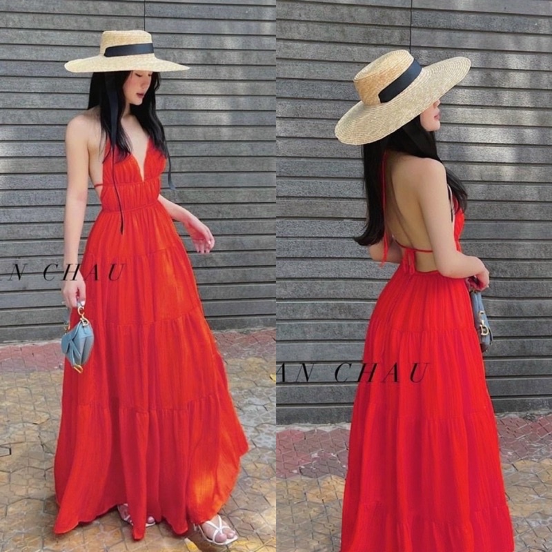 Maxi đũi đỏ 2 dây cổ yếm hở lưng xẻ ngực cao cấp, đầm váy dài xoè quyến rũ gợi cảm sexy sang trọng, đi chơi/biển du lịch
