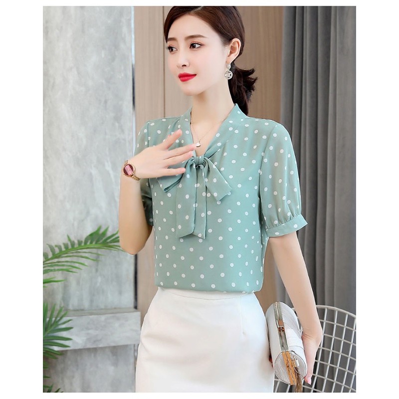 áo sơ mi chấm bi cổ nơ màu xanh công sở bao xinh size M l XL