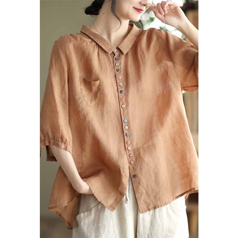 Ice retro colorful buttons cotton linen short-sleeved shirt loose top ramie linen shirt clearance ~ brand cut label