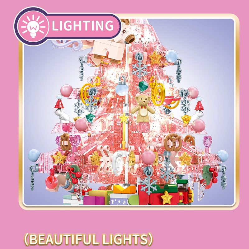 Đồ chơi Lắp ráp Mô hình Cây thông giáng sinh Christmas tree Music Box With Light Pink Tree Sembo 605024