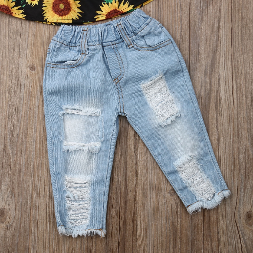 Set áo trễ vai tay ngắn in hình hoa hướng dương + quần denim + băng đô thời trang mùa hè cho bé gái