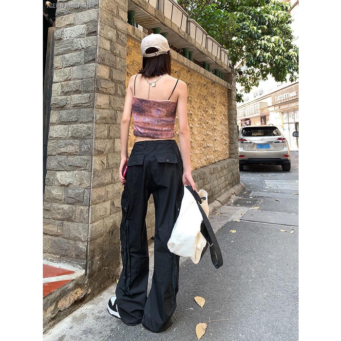 Quần Yếm Ống Rộng Lưng Cao Dây Rút Màu Đen Phong Cách Hip Hop Thời Trang Mùa Hè Cho Nữ