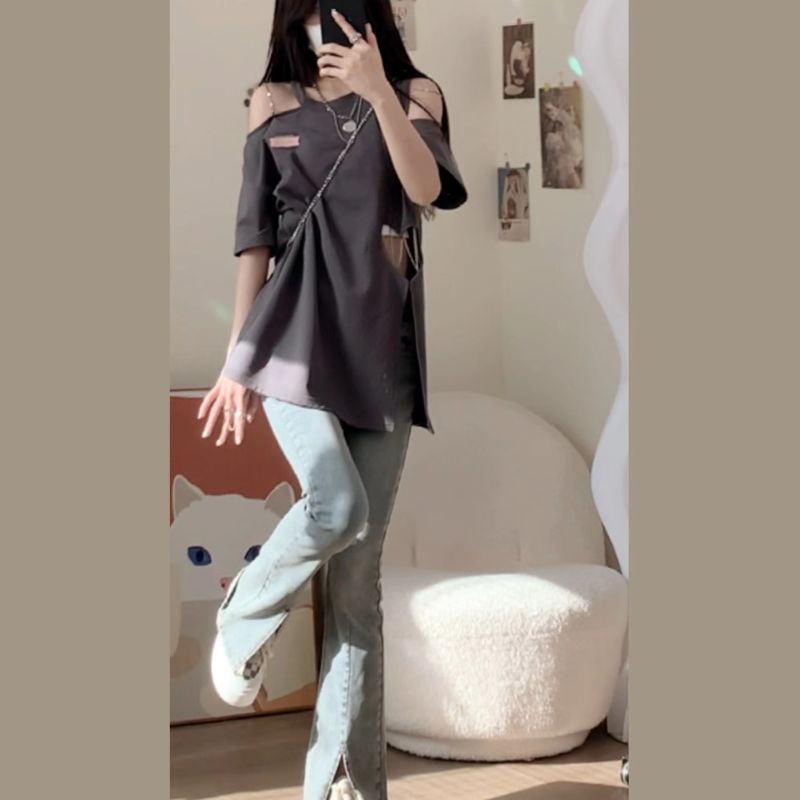 Áo Thun Tay Ngắn Xẻ Tà In Hình Trái Tim Phong Cách Hàn Quốc Cho Nữ